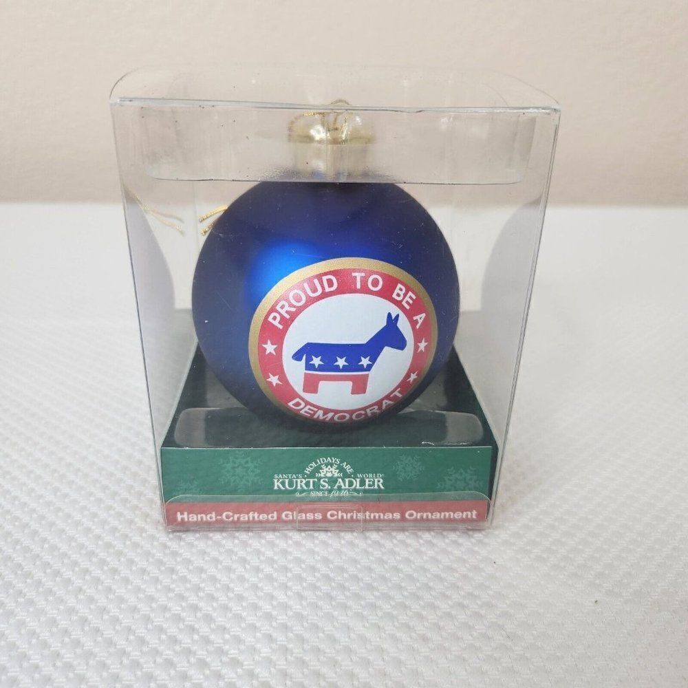 NEW Kurt Adler Christmas Ornament Proud to be a Democrat Blue Glass Ball